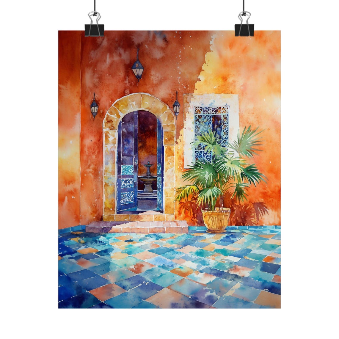 Moroccan Courtyard Terracotta Walls Blue Tiles Arched Door Poster
