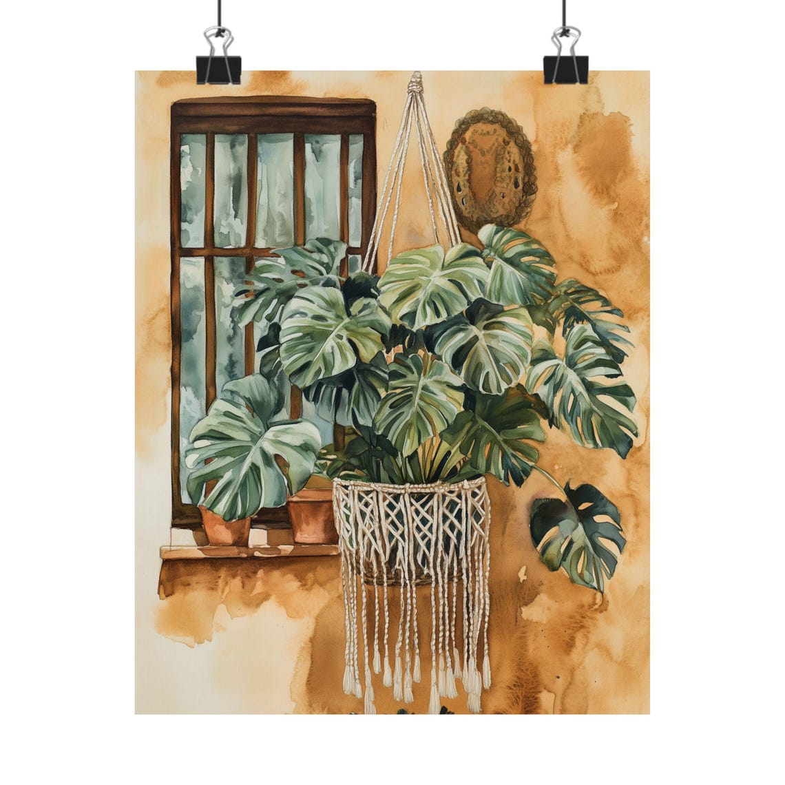 Monstera in a Macrame Hanging Planter by a Rustic Window Poster