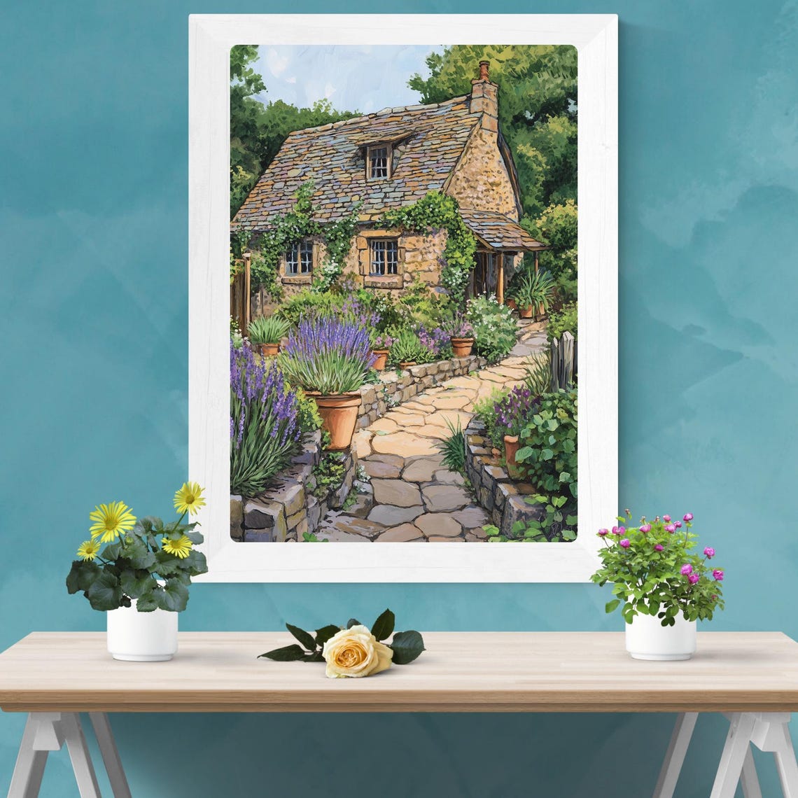 Charming Stone Cottage with Lavender Garden Path and Pots Poster - Image 2