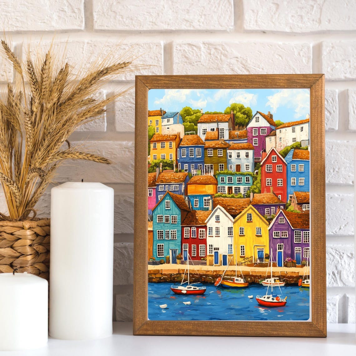Gouache Seaside Town Art Print Colorful Coastal Village Painting Nautical Seascape Wall Decor Whimsical Home Art - Image 3
