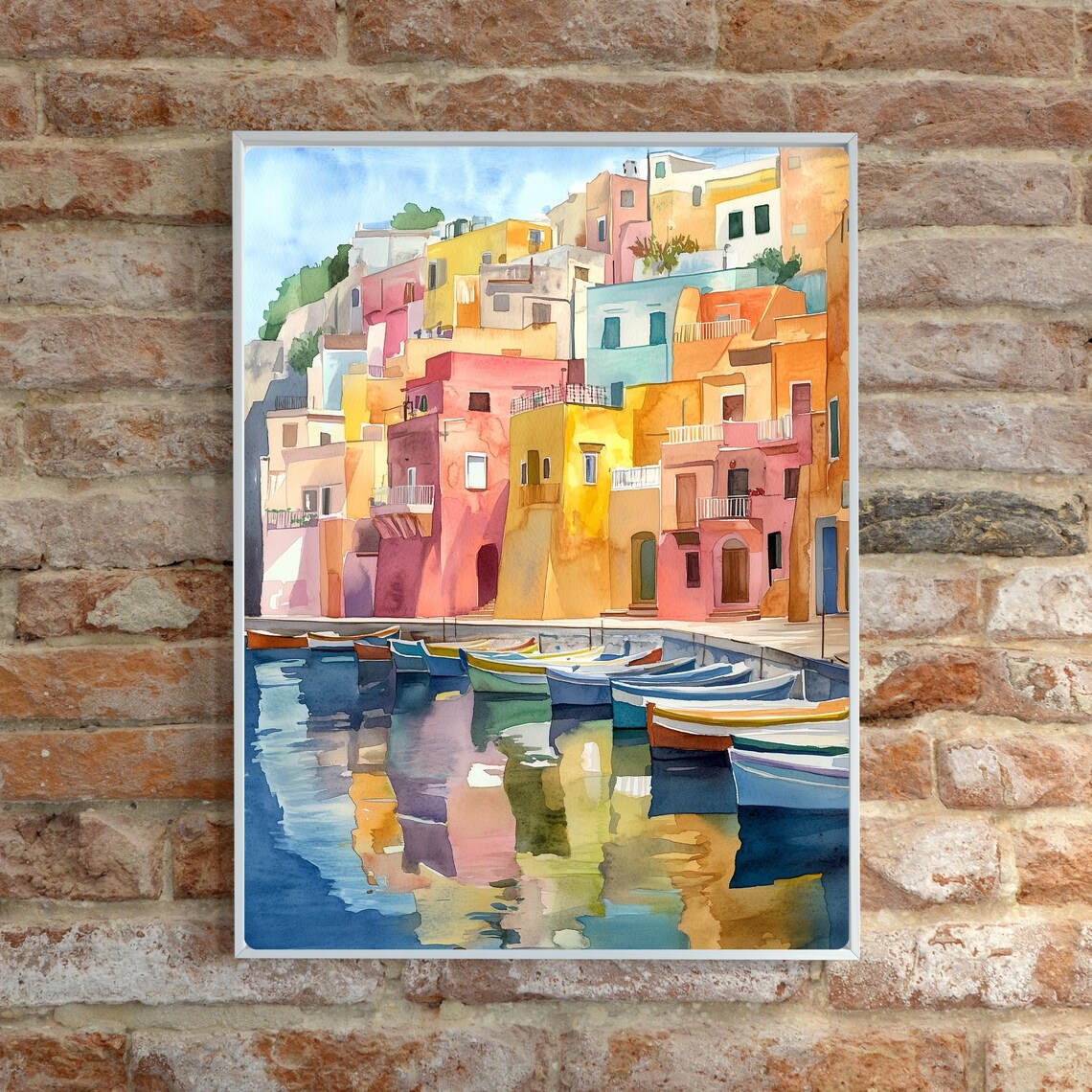 Procida Italy Colorful Harbor Houses Boats Watercolor Poster - Image 5