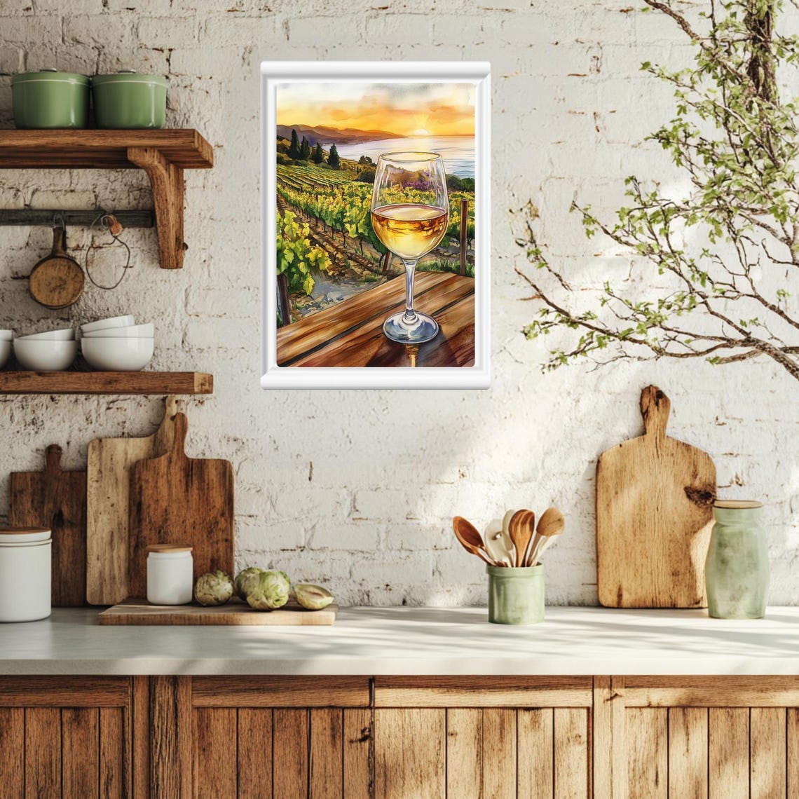 White Wine Glass Above Vineyard Rows at a Coastal Sunset Poster - Image 4