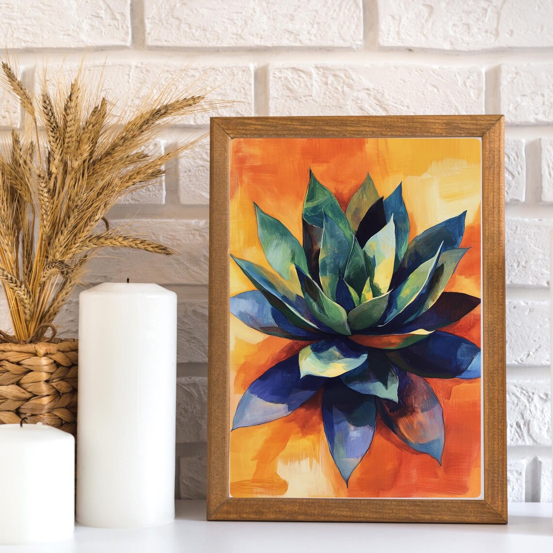 Blue Agave Oil Painting Bold Orange Background Botanical Poster - Image 3