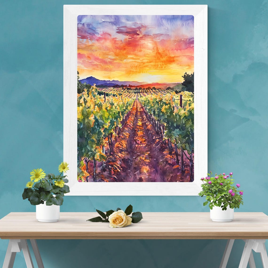 Sunset Over Vineyard Watercolor Painting Golden Hour Wall Art Winery Landscape Print Country Sunset Decor Vineyard Field View - Image 2