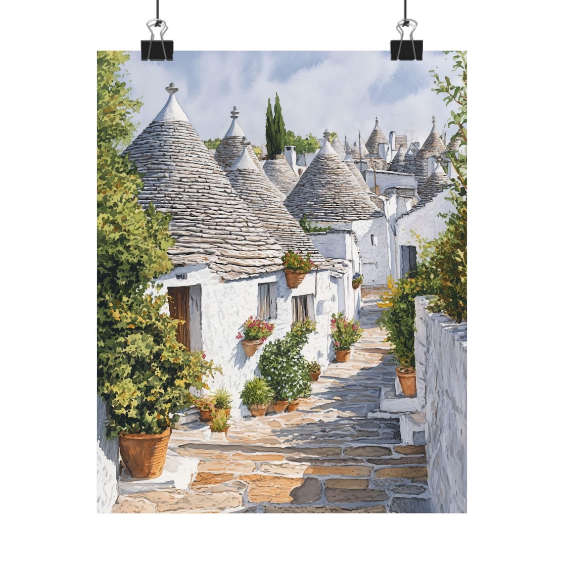 Alberobello Trulli Alley Flower Pots Sunlit Stone Lane Poster