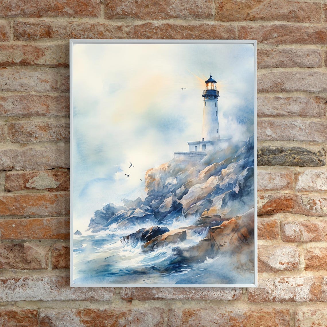 Lighthouse On Rocky Coast Ocean Waves Seagulls Watercolor Poster - Image 6