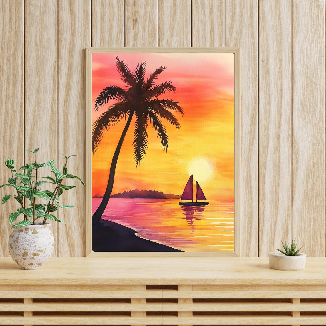 Tropical Sunset Sailboat Palm Silhouette Ocean Beach Watercolor Poster - Image 4