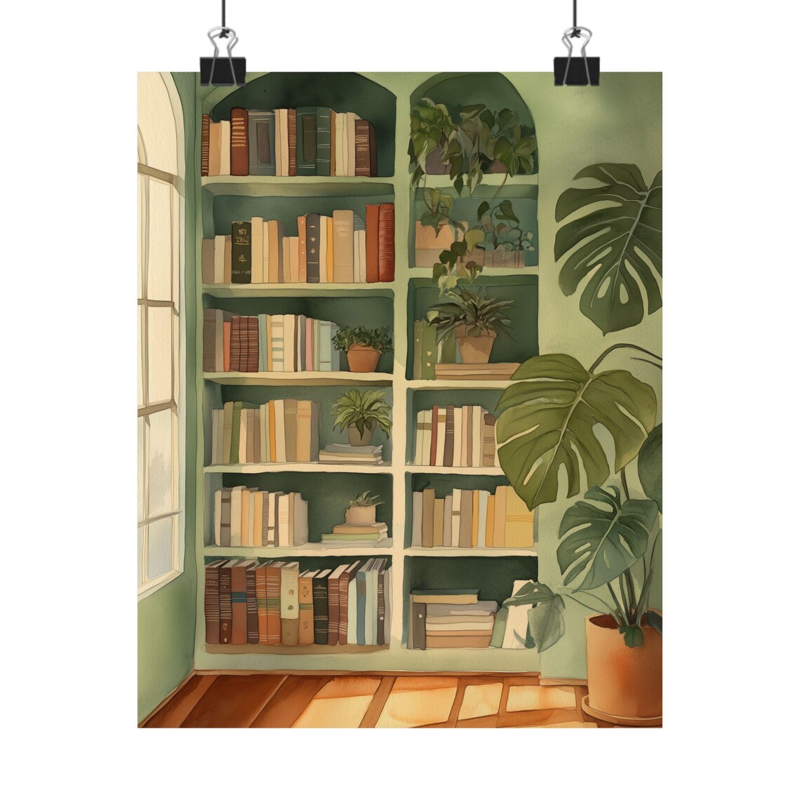 Green Reading Nook Bookcase Library Monstera Plant Watercolor Poster