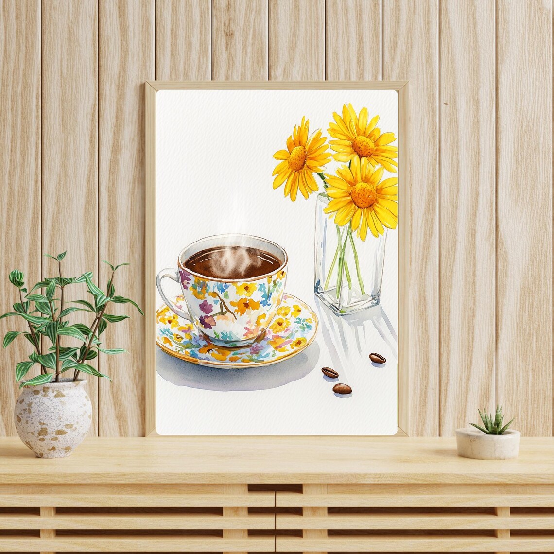 Floral Coffee Cup Yellow Daisies Sunny Framed Print Wall Decor - Image 2