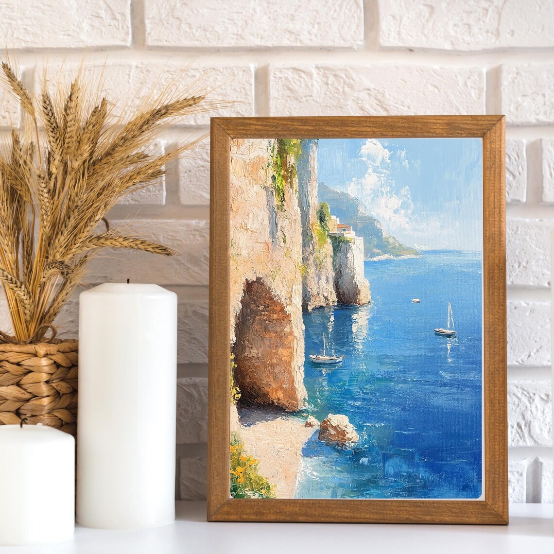Amalfi Coast Italian Riviera Hidden Cove Sailboats Sunlit Oil Poster - Image 2