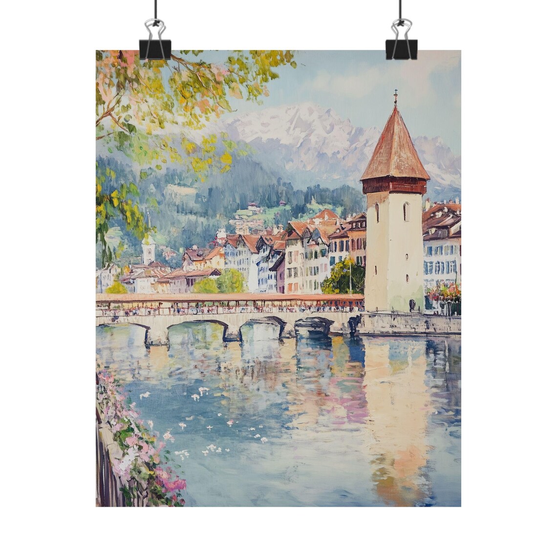 Chapel Bridge Lucerne, Switzerland Watercolor Travel Poster