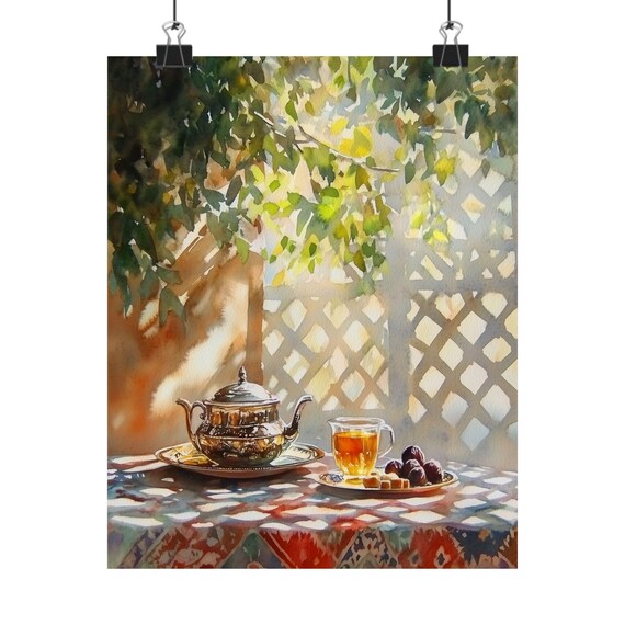 Moroccan Tea Art Still Life Painting Print Silver Teapot Wall Decor Sunlight Scene Art Watercolor Table Setting