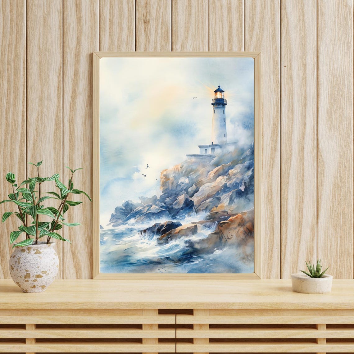 Lighthouse On Rocky Coast Ocean Waves Seagulls Watercolor Poster - Image 4