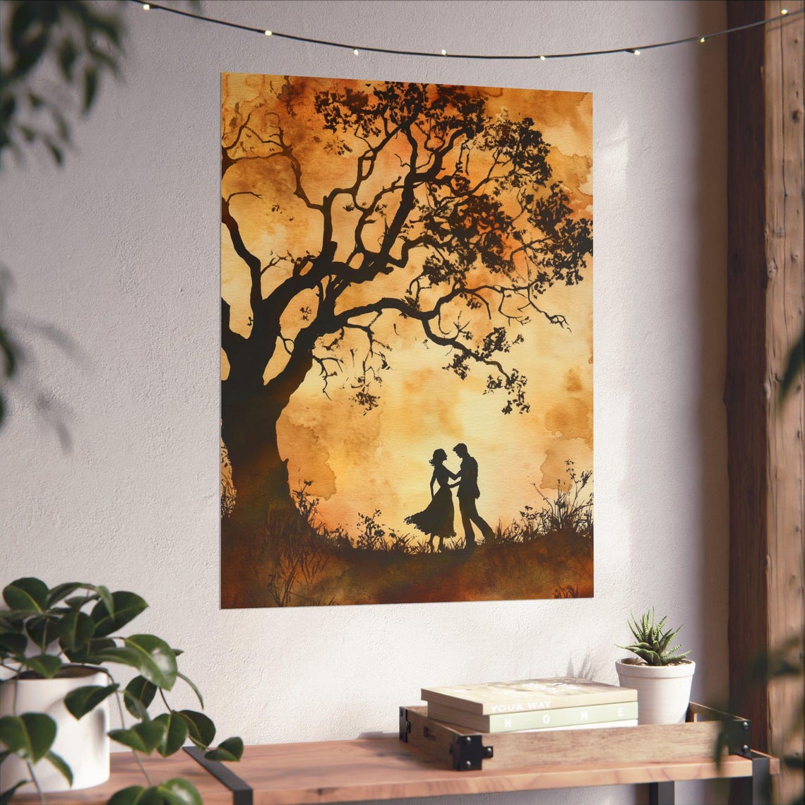 Romantic Couple Silhouette Under Tree Golden Watercolor Poster - Image 4