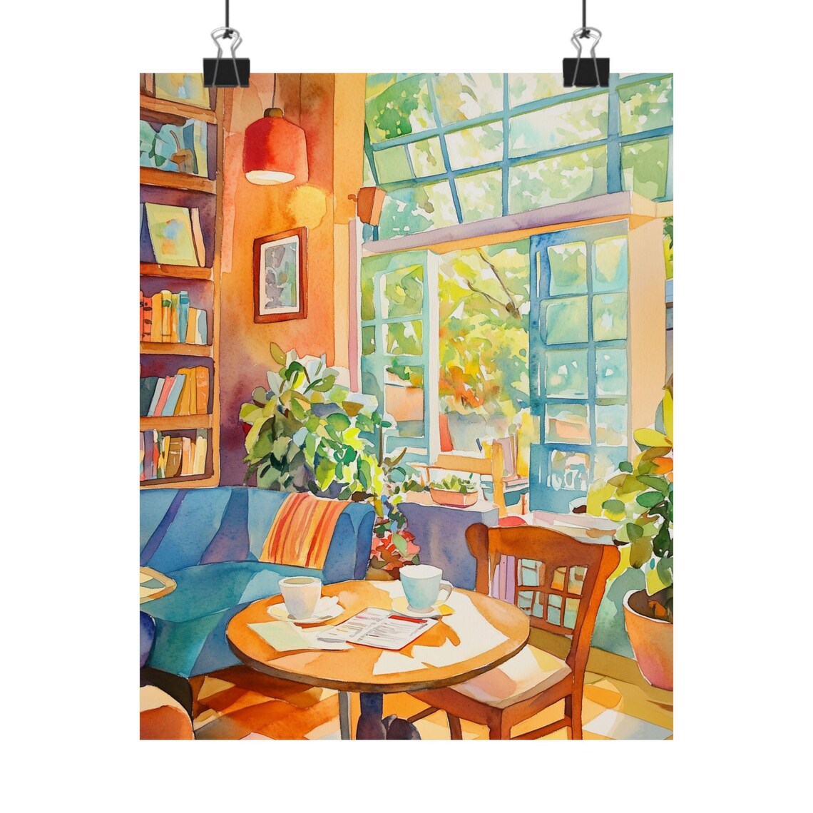 Sunlit Coffee Shop Watercolor Art Print, Cozy Cafe