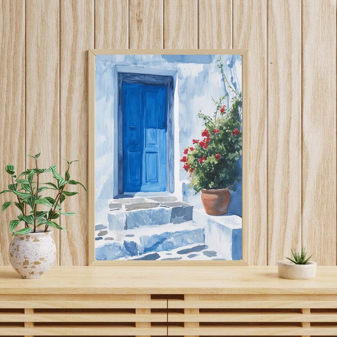 Greek Blue Door Red Flowers Santorini Style Watercolor Poster - Image 4