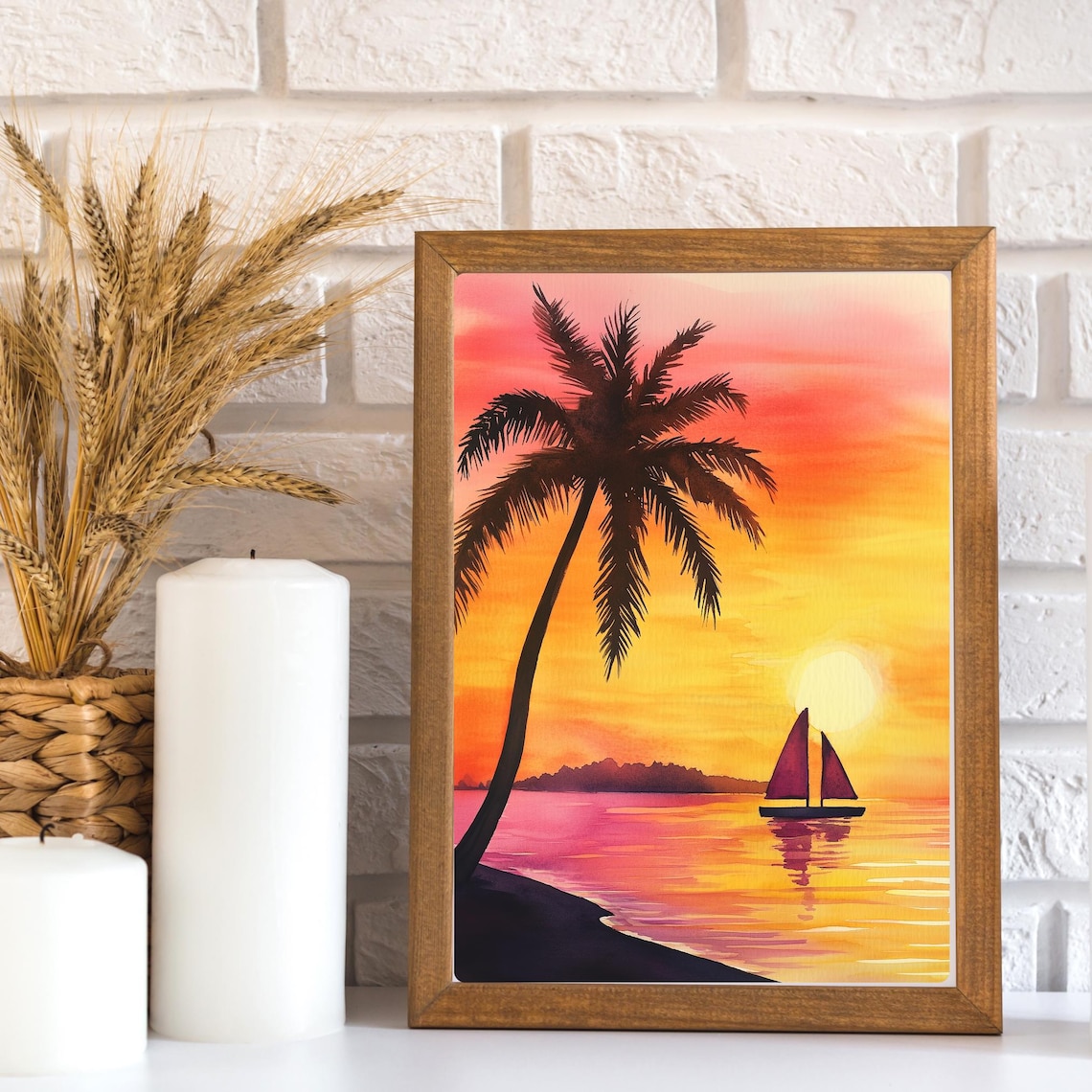 Tropical Sunset Sailboat Palm Silhouette Ocean Beach Watercolor Poster - Image 3