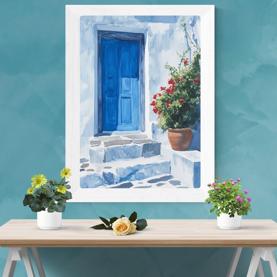 Greek Blue Door Red Flowers Santorini Style Watercolor Poster - Image 2