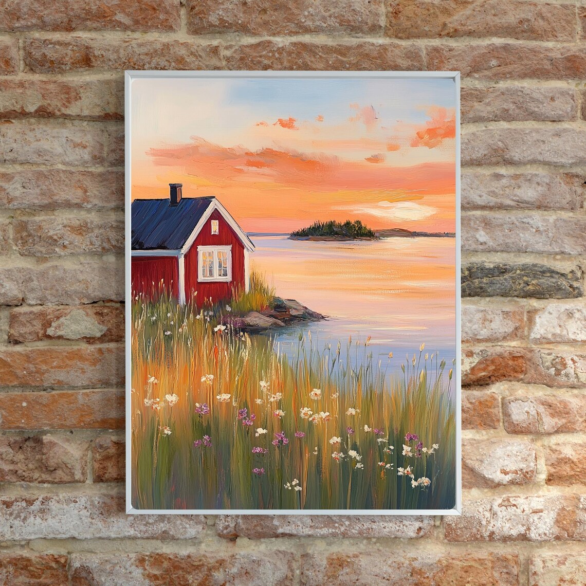 Classic Red Coastal Cabin at Sunset Wildflowers Calm Sea Poster - Image 6