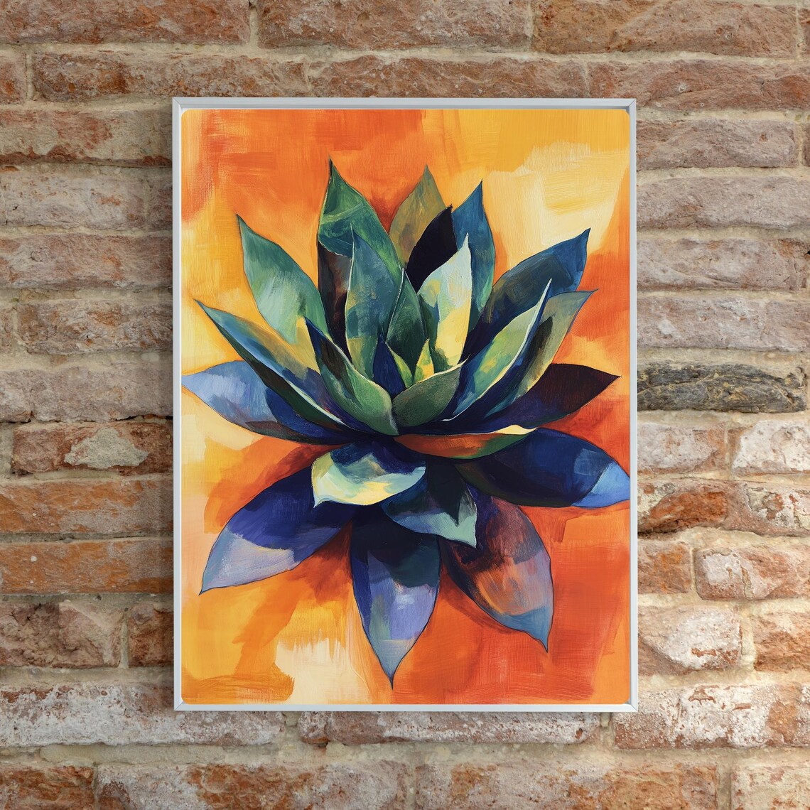 Blue Agave Oil Painting Bold Orange Background Botanical Poster - Image 6