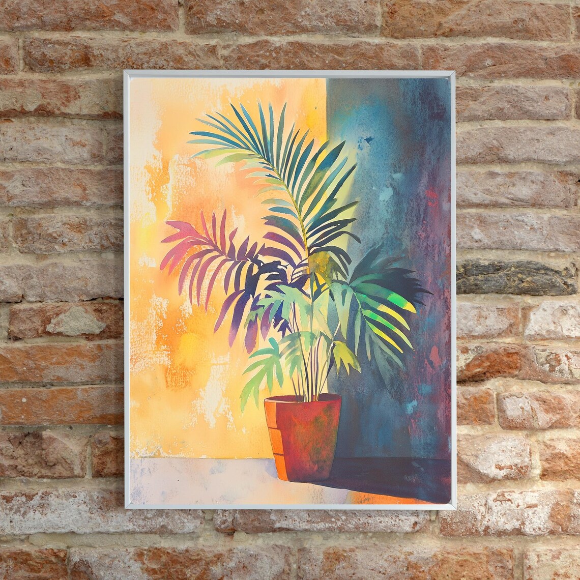 Sunlit Potted Palm Against a Warm Yellow and Blue Wall Poster - Image 6