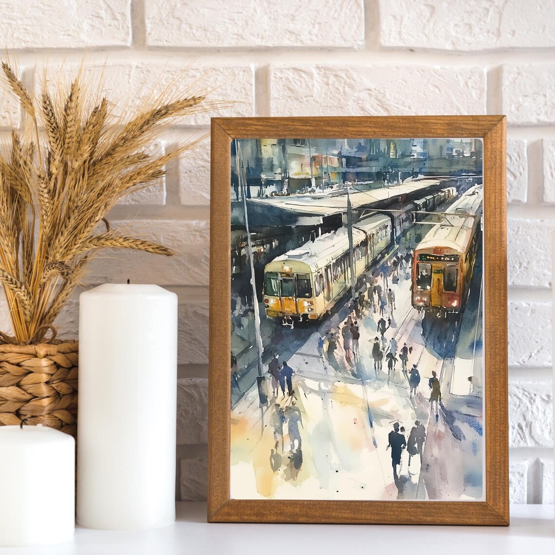 Busy European Train Station Commuter Watercolor Urban Scene Poster - Image 3