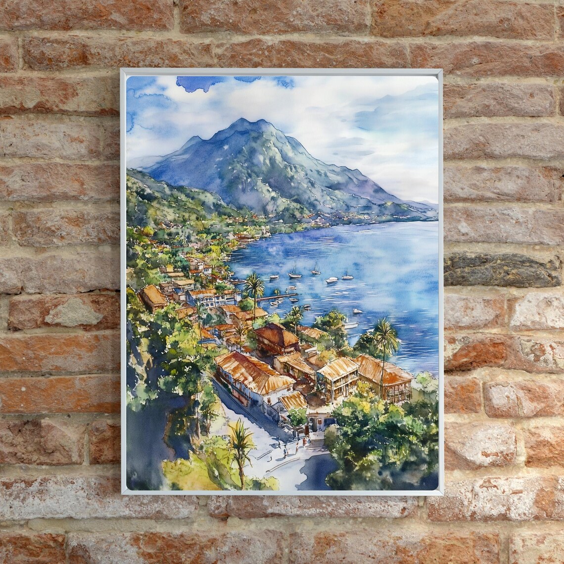 Lake Atitlan Guatemala Aerial Lakeside Town Volcano Watercolor Poster - Image 6