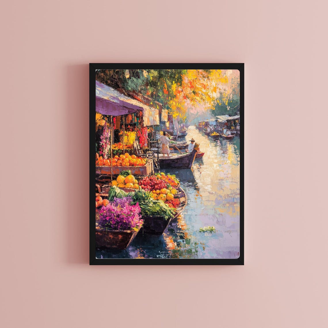 Thailand Floating Market Art Dusk Scene Painting River Boats Print Colorful Market Wall Decor Asian Water Market Art - Image 2