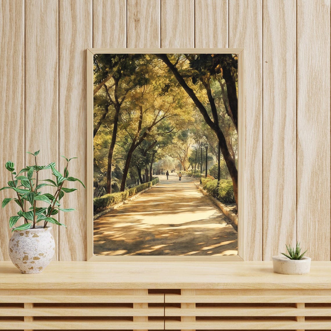 Sun-Dappled Tree-Lined Pathway Through a Quiet Green Park Poster - Image 4