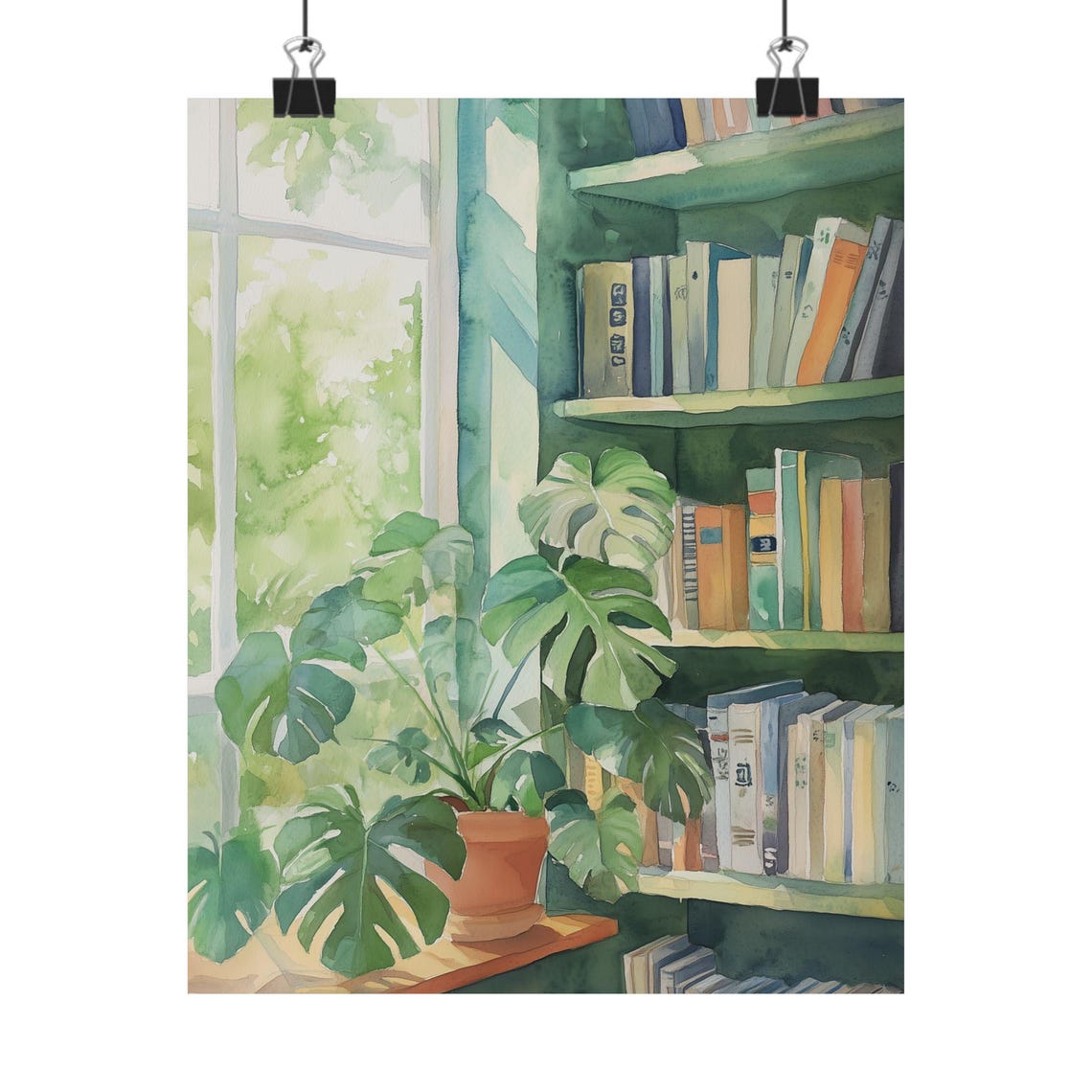 Monstera Plant Window Reading Corner Bookshelf Watercolor Poster