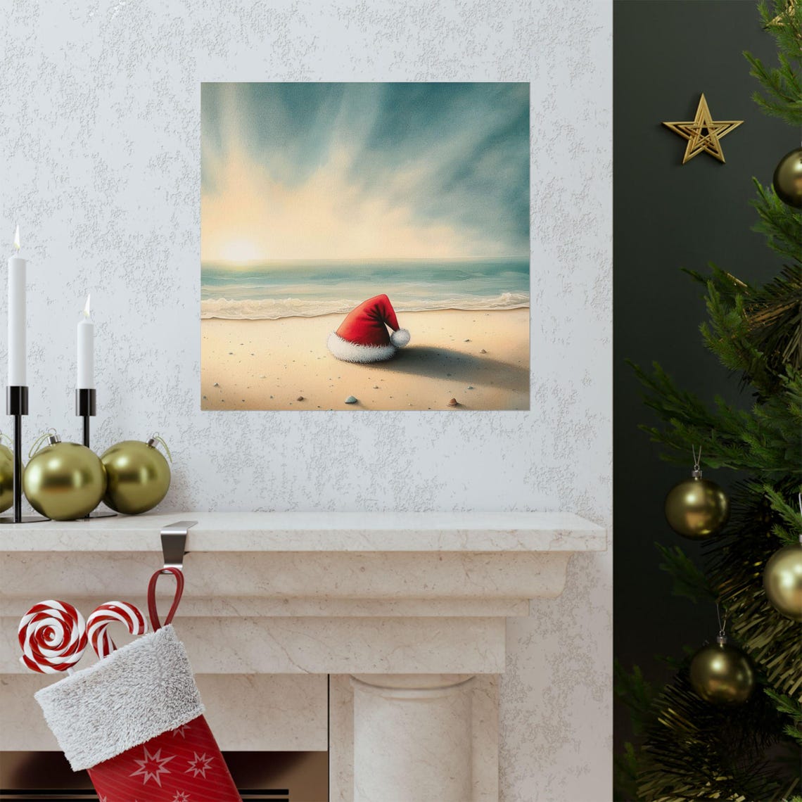 Lone Santa Hat on Sandy Beach at Dusk Watercolor Holiday Poster - Image 2