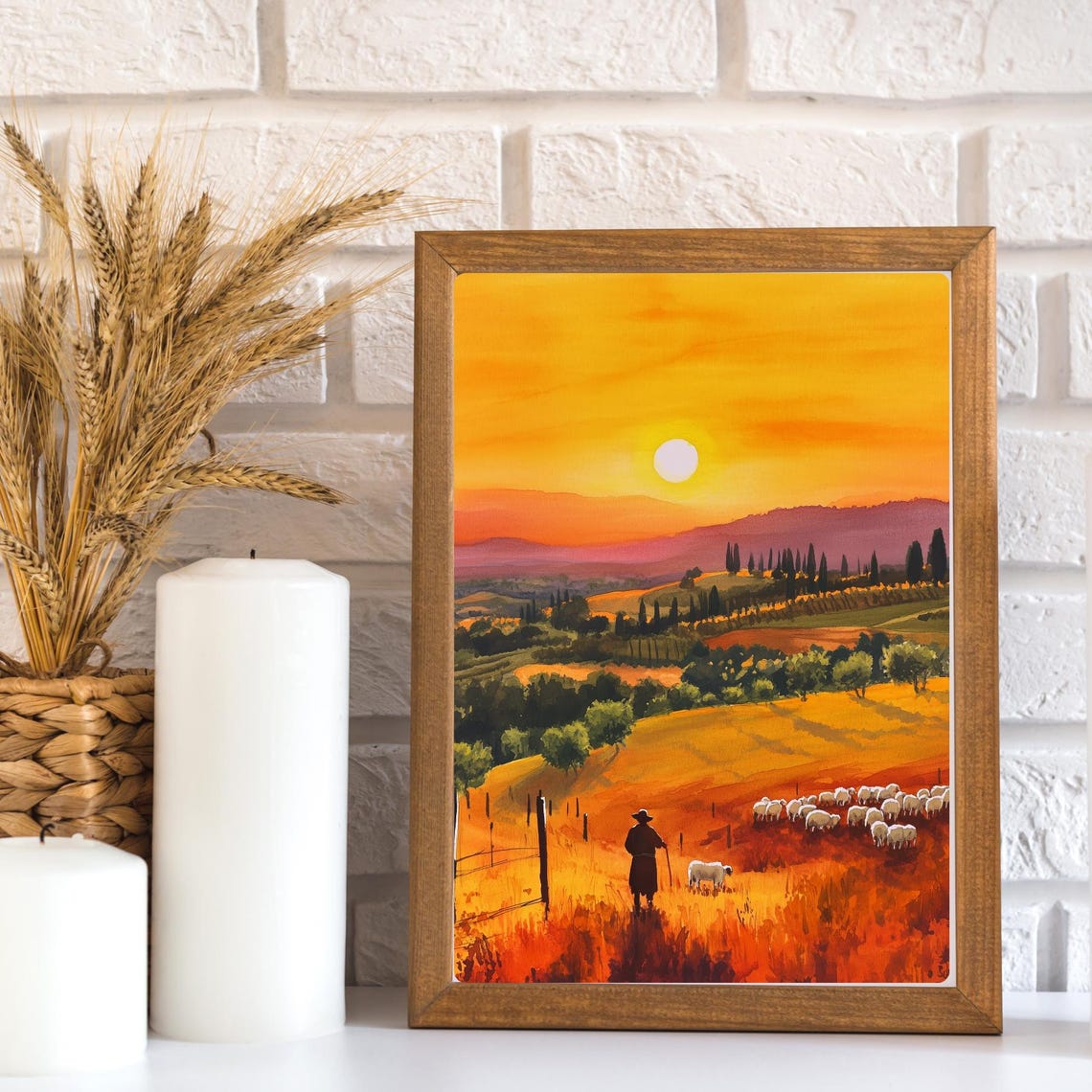 Tuscan Shepherd Leading His Sheep Across Golden Sunset Hills Poster - Image 3
