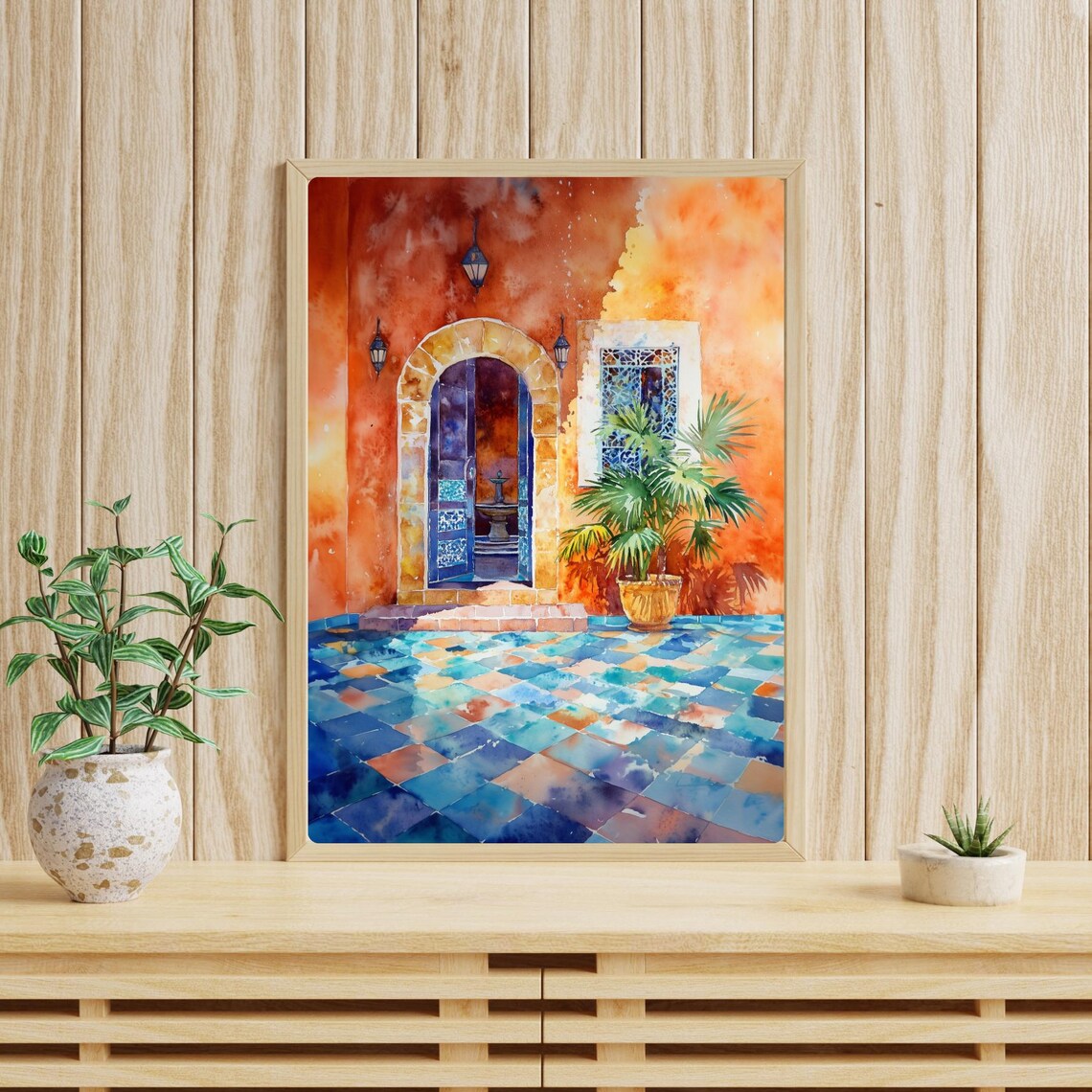 Moroccan Courtyard Terracotta Walls Blue Tiles Arched Door Poster - Image 3