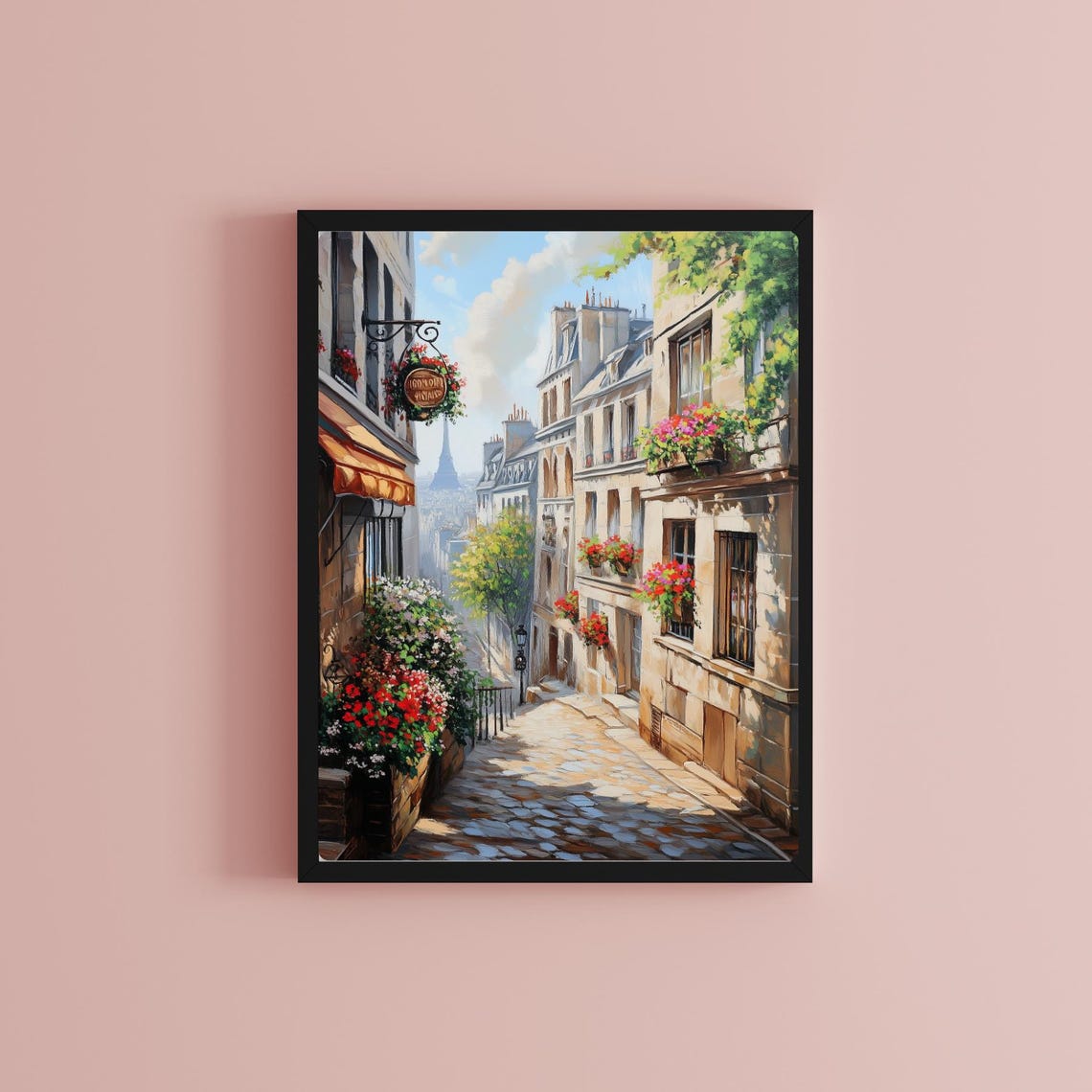Parisian Cobblestone Street with Eiffel Tower View Flower Shops Poster - Image 2