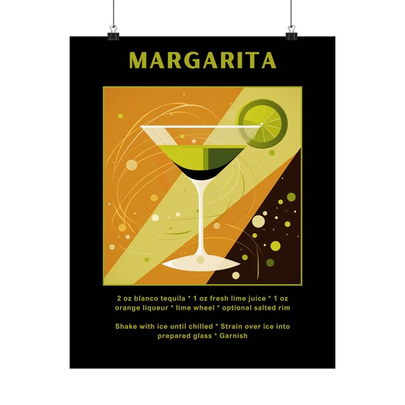 Margarita Classic Cocktail Recipe Poster Retro Home Bar Decor