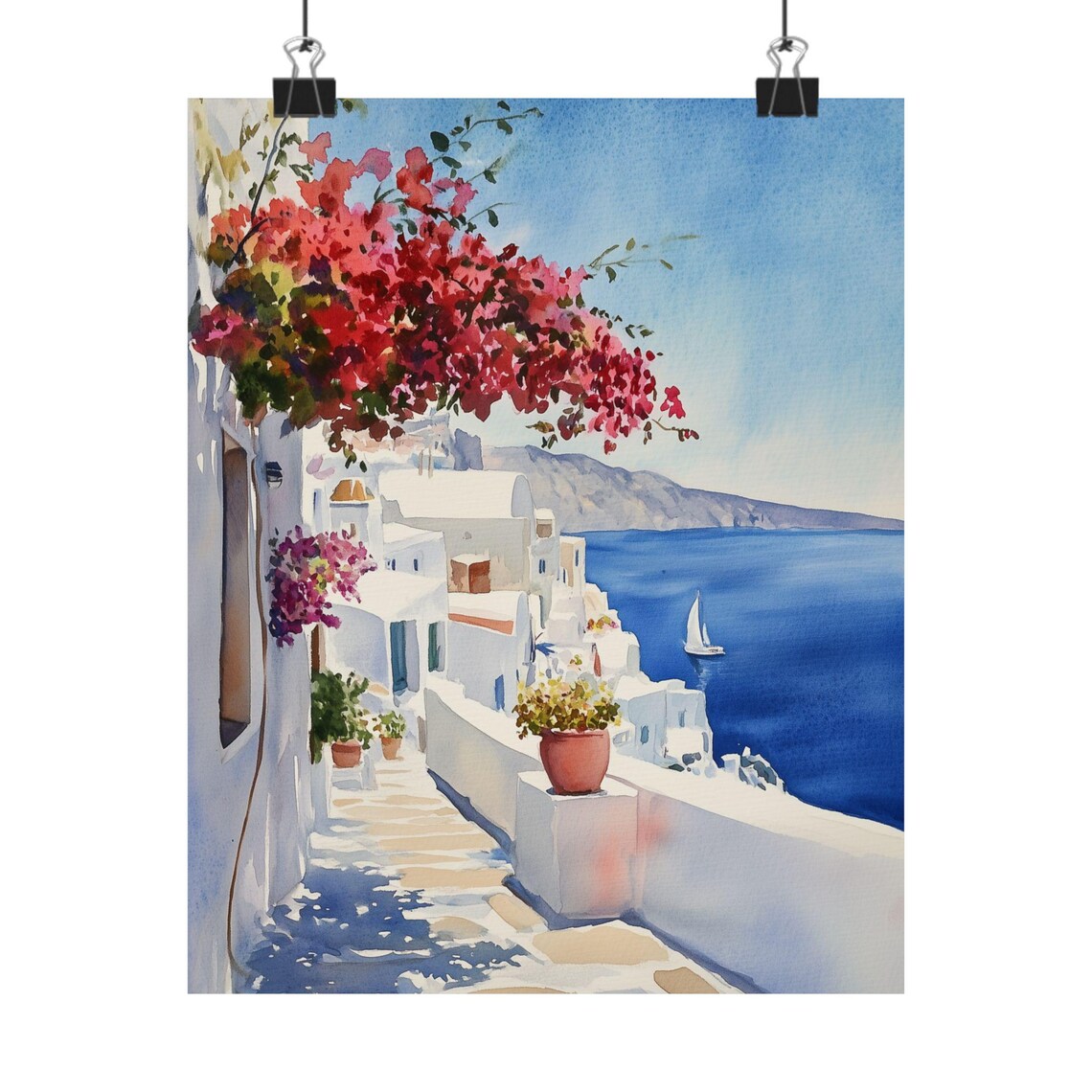 Greek Island Bougainvillea Walkway Aegean Sea Sailboat Poster