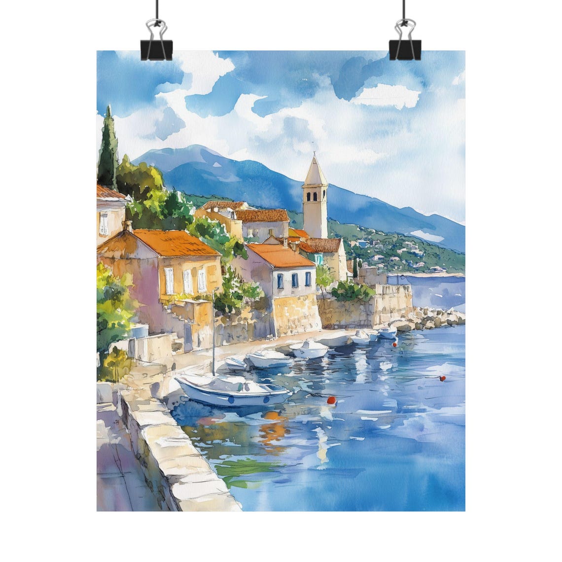 Croatian Coastal Town Harbor with Bell Tower Watercolor Poster