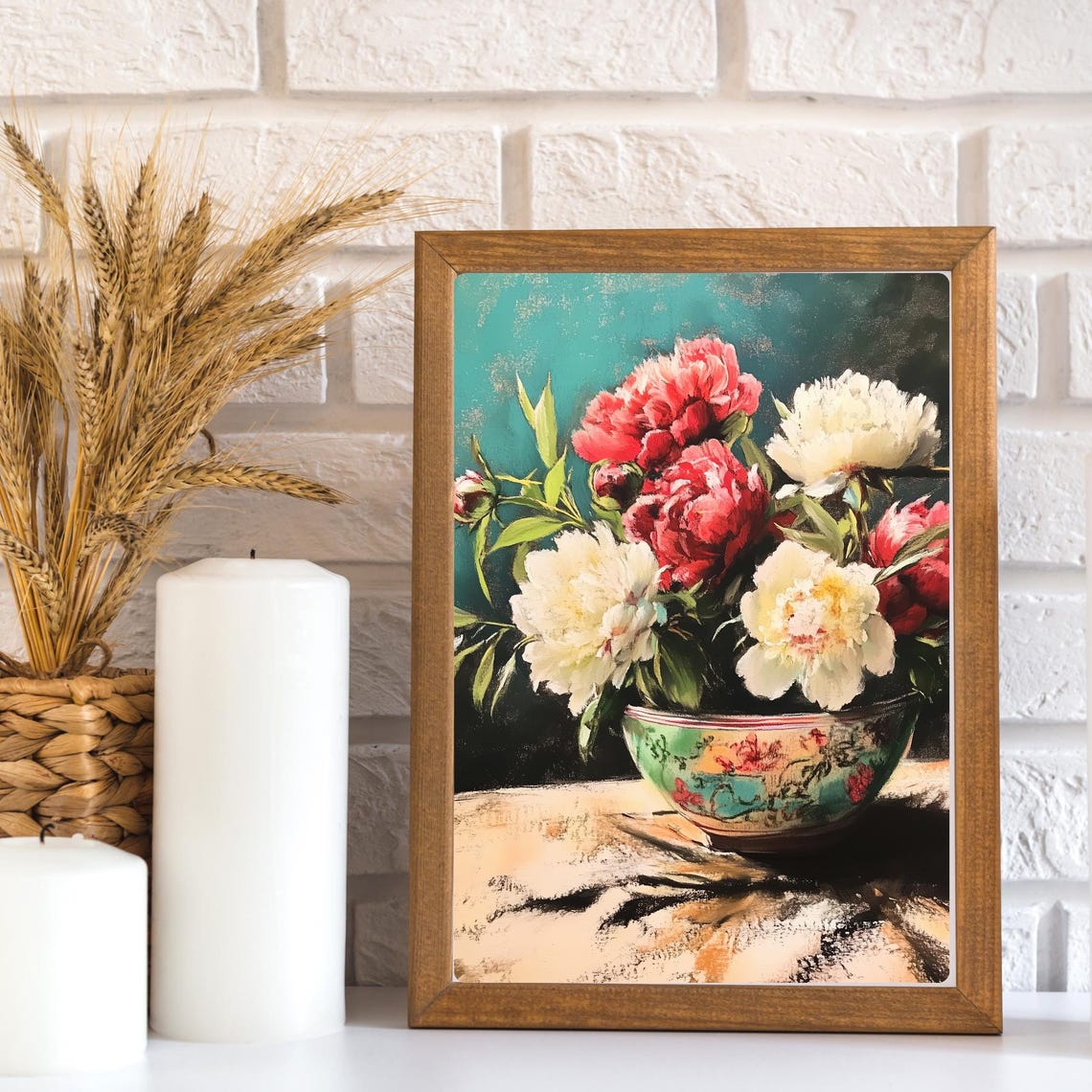 Red and White Peonies in Chinoiserie Bowl Floral Still Life Poster - Image 3