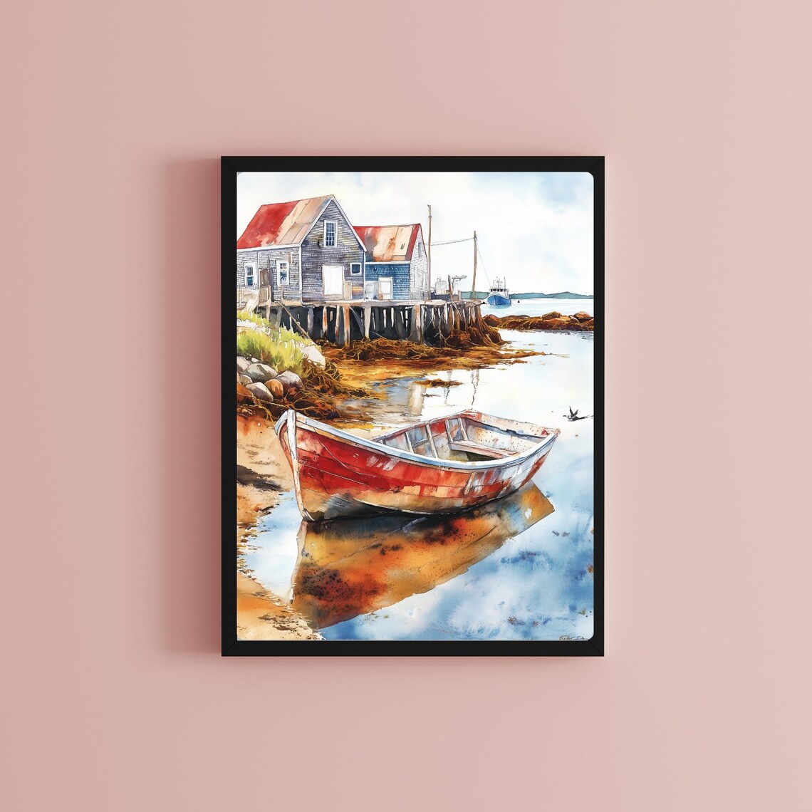 Fishing Village Watercolor Coastal Scene Art Print - Image 2