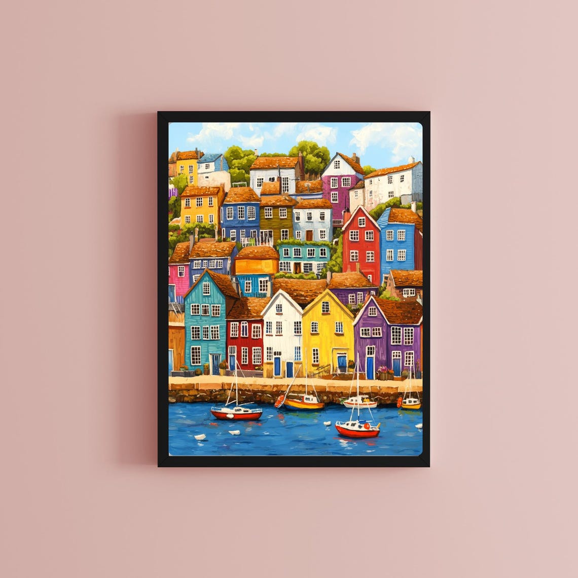 Gouache Seaside Town Art Print Colorful Coastal Village Painting Nautical Seascape Wall Decor Whimsical Home Art - Image 2