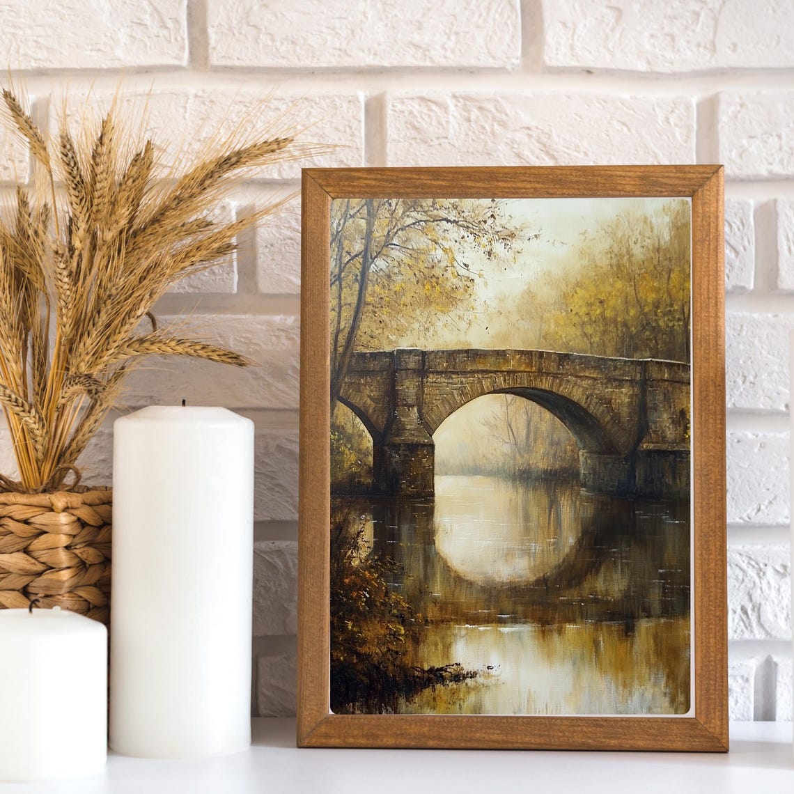 Old Stone Bridge Autumn River Reflection Oil Painting Poster - Image 3