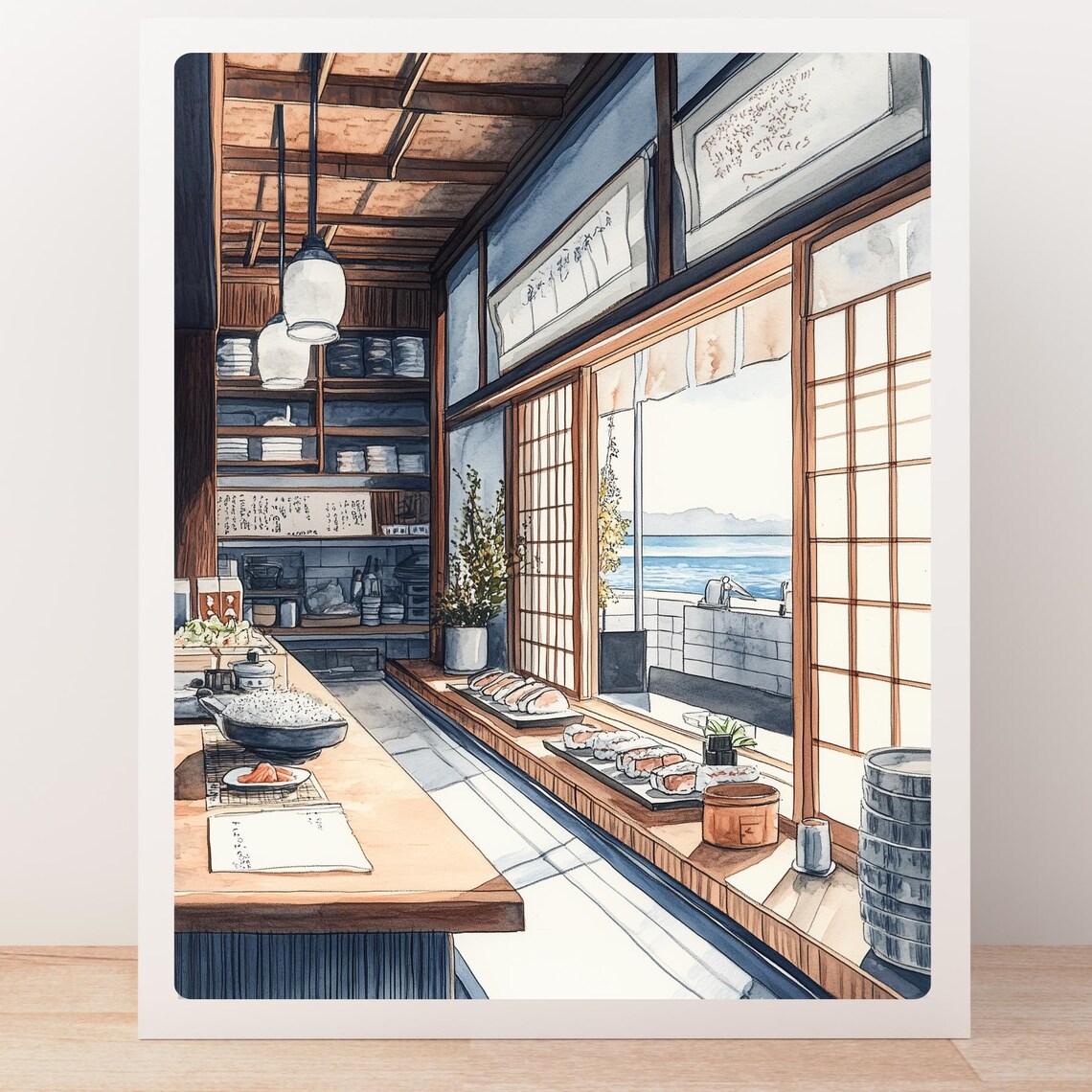 Japanese Coastal Sushi Shop Ocean View Interior Restaurant Poster - Image 5