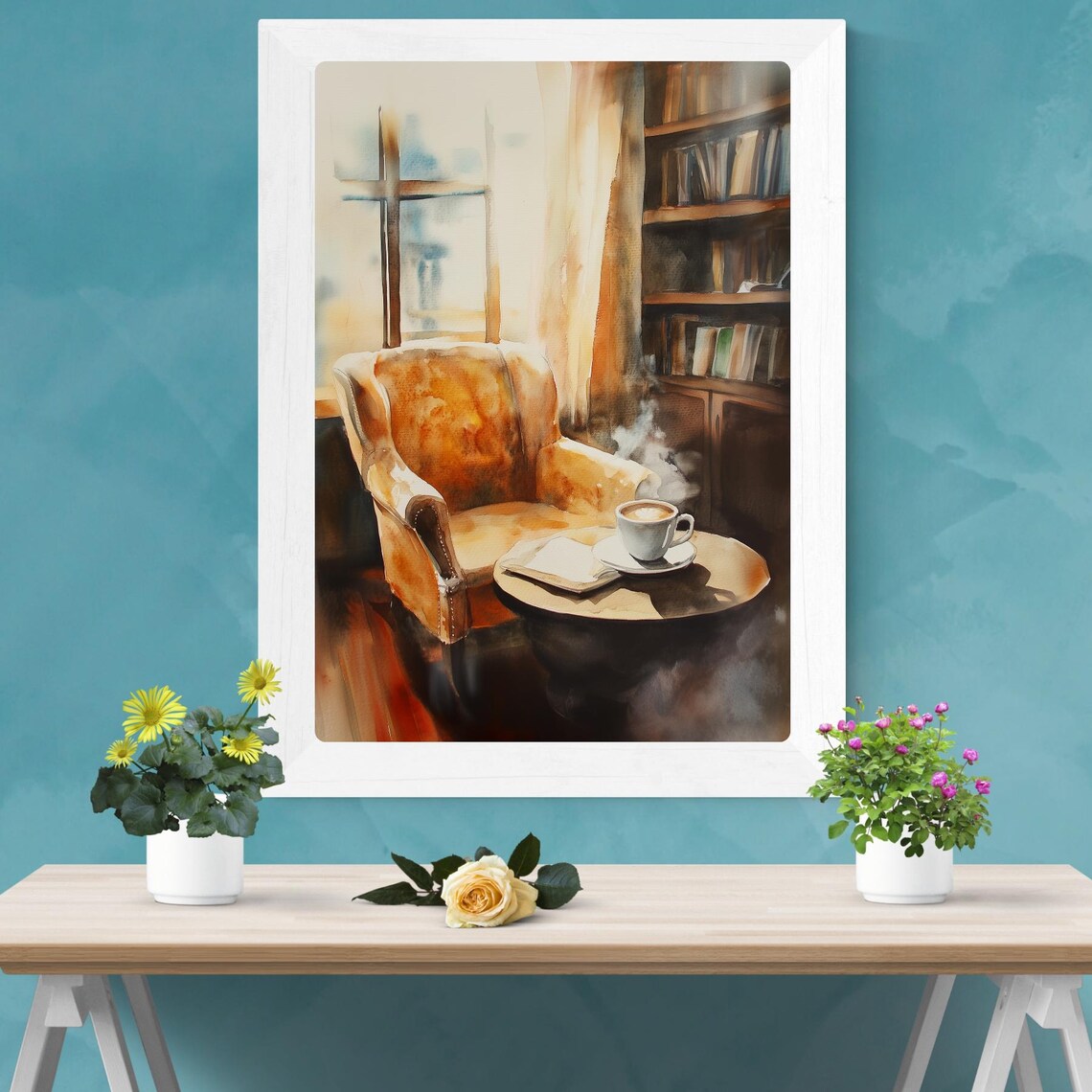 Cozy Coffee Shop Armchair Coffee Cup Reading Corner Window Poster - Image 2