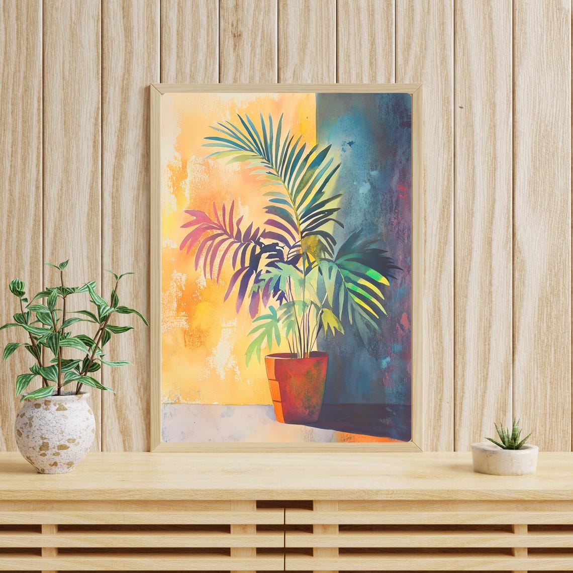Sunlit Potted Palm Against a Warm Yellow and Blue Wall Poster - Image 4