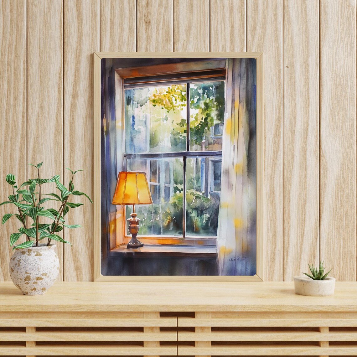 Rainy Day Window View Warm Lamp Watercolor Cozy Interior Poster - Image 3