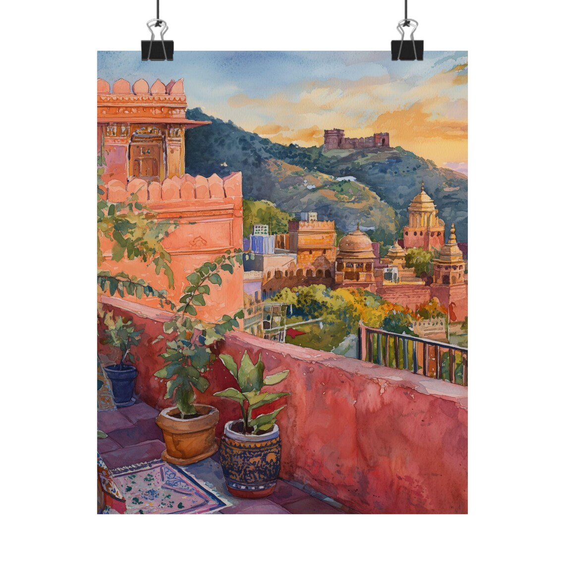 Jaipur Pink City Rooftop Terrace Amber Fort Watercolor Poster