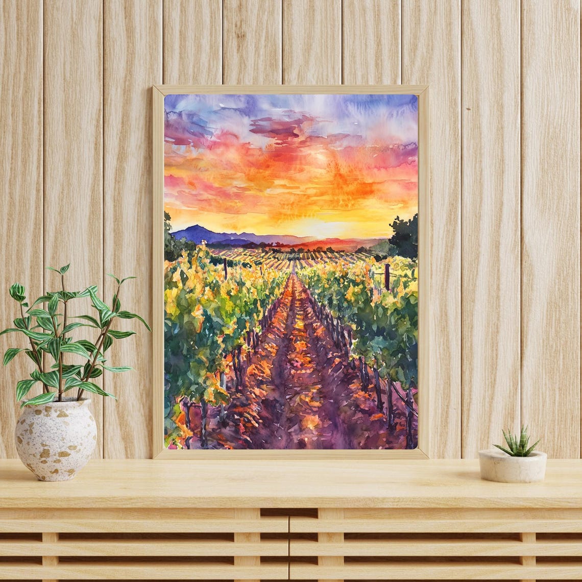 Sunset Over Vineyard Watercolor Painting Golden Hour Wall Art Winery Landscape Print Country Sunset Decor Vineyard Field View - Image 4