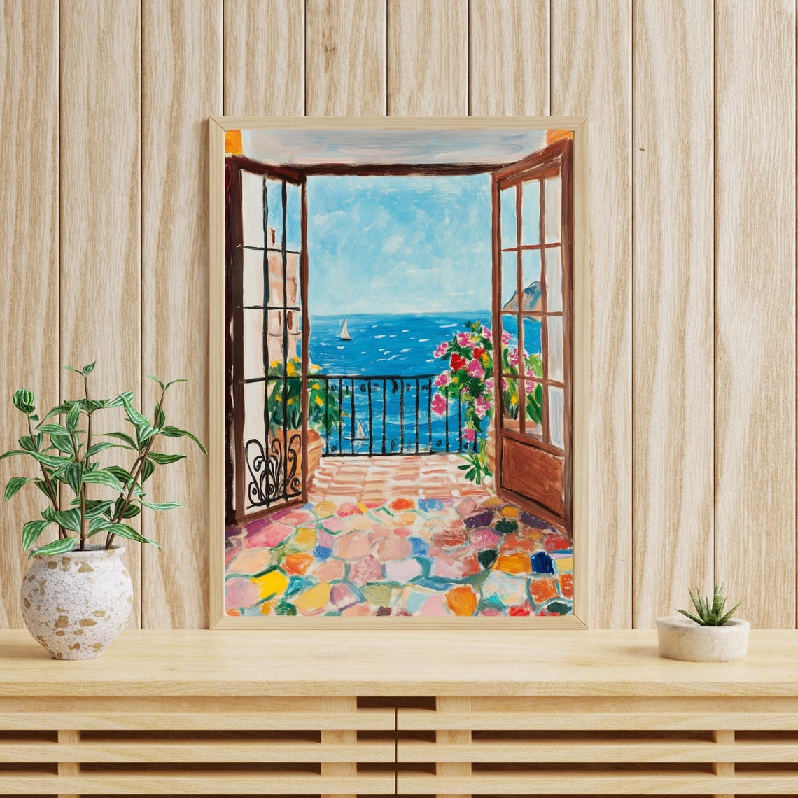 Mediterranean Terrace Doors Framing a Sailboat Sea View Poster - Image 3