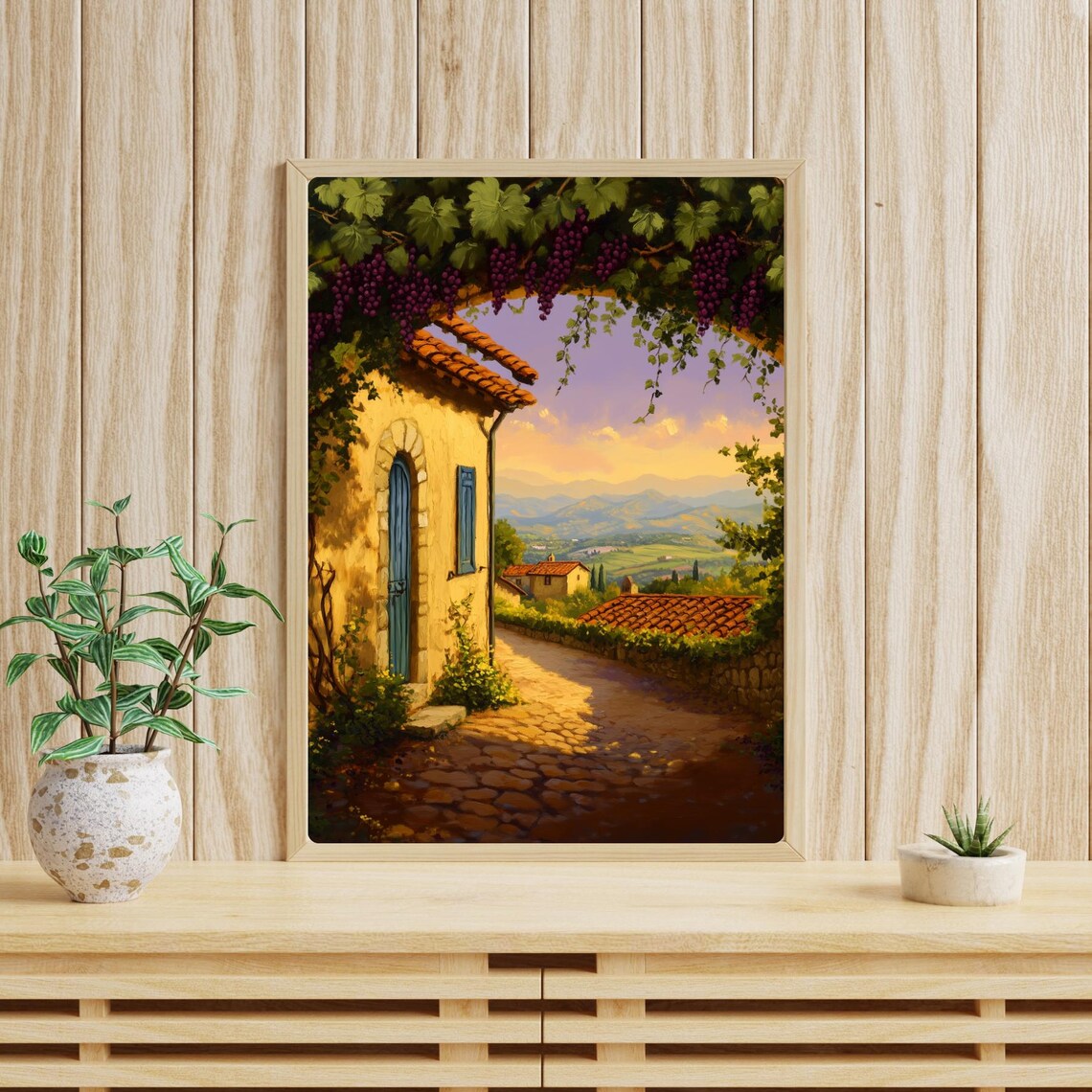 Tuscan Grape Pergola Walkway Above the Village at Sunset Poster - Image 3