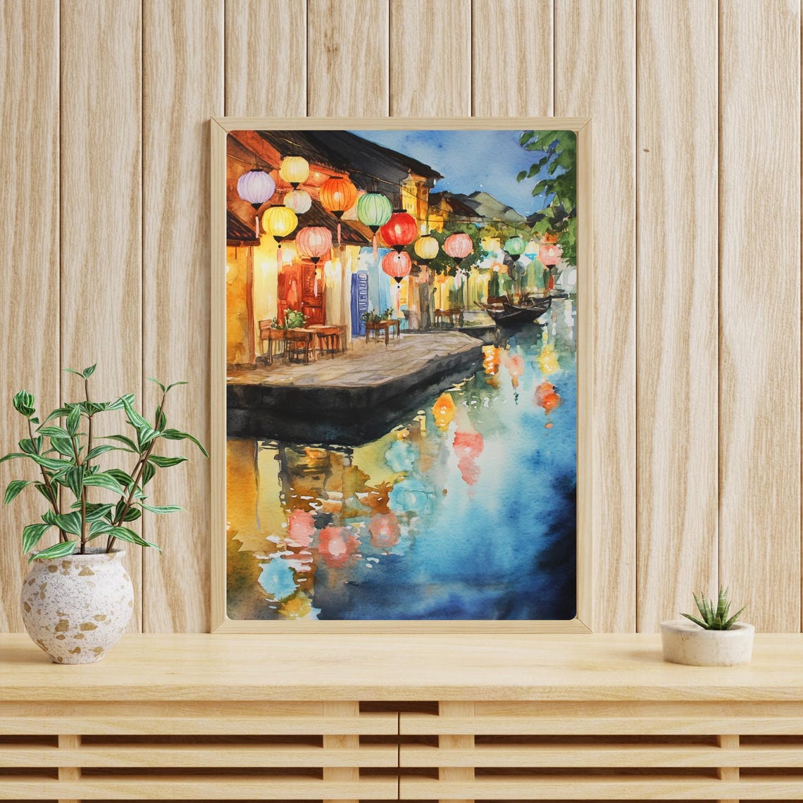 Hoi An Riverside Lantern Night Market Scene Watercolor Poster - Image 4